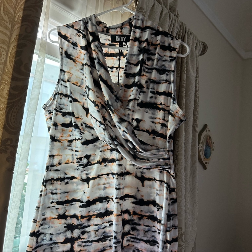 DKNY Women's Black, White, and Orange Midi Dress